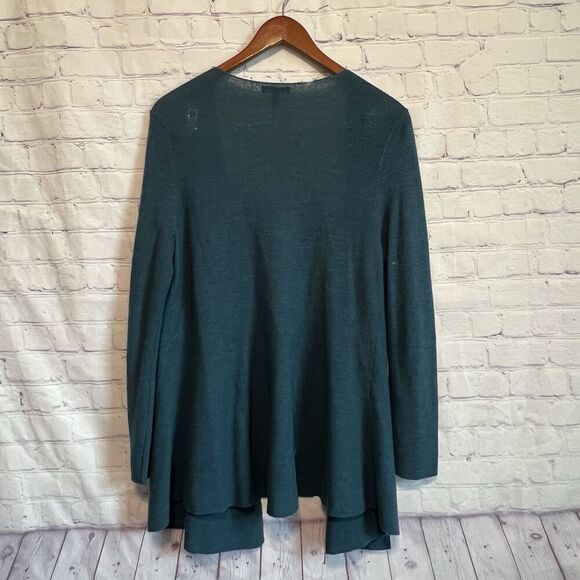 Eileen Fisher Long Line Cardigan Merino Wool Open Front Green Size Medium Mesh - Picture 4 of 11